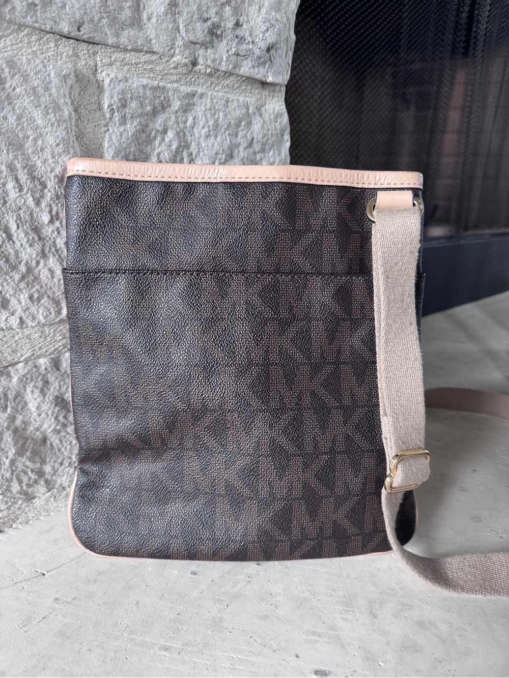 Michael Kors Monogram Crossbody Shoulder Bag in Brown with tan Trim